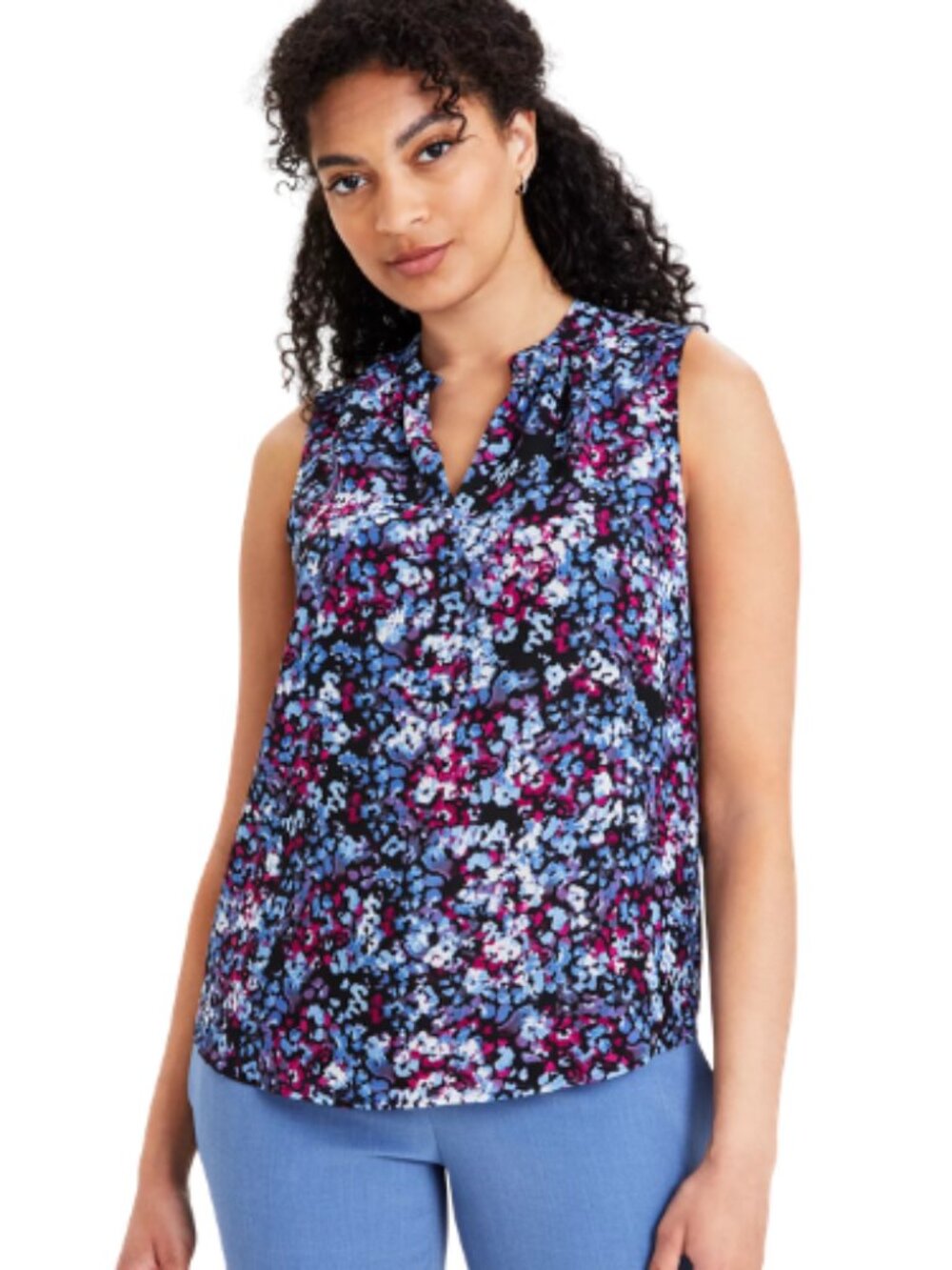 Kasper Blue Red Multi Printed Keyhole Blouse Top Size XS